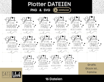 May include: A digital download graphic with the text "Plotter DATEIEN" and "PNG & SVG". The image features 16 designs with the words "Glück ist..." followed by family member names, such as "Mama" and "Papa".