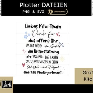 Könnte beinhalten: Ein weißes Grafikdesign mit schwarzem Text, der "Liebes Kita-Team Danke für das offene Ohr" und mehr liest. Das Design enthält dekorative Elemente wie Sterne und Herzen. Der obere Banner lautet "Plotter DATEIEN".