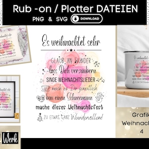 Könnte beinhalten: Ein digitaler Download eines Weihnachtsdesigns mit einem Aquarellhintergrund in Rosa- und Weißtönen. Das Design enthält den Text "Es weihnachtet sehr" (Es ist Weihnachten) und eine Liste von Weihnachtsaktivitäten. Das Design ist in den Formaten PNG und SVG verfügbar.