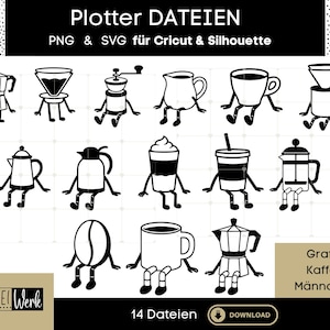Può includere: Illustrazioni digitali in bianco e nero di vari articoli legati al caffè, tra cui un chicco di caffè, un macinacaffè e diverse caffettiere. Il testo "Plotter DATEIEN" e "PNG & SVG für Cricut & Silhouette" è in alto.