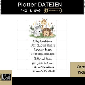 Può includere: Una grafica digitale con un'illustrazione ad acquerello di un riccio, una giraffa e un cucciolo di leone. L'immagine include testo in tedesco, con le parole "Plotter DATEIEN" e "PNG & SVG". La grafica è etichettata "Grafik: Kids 1".