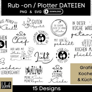 Pacote SVG com 15 ditados alemães sobre cozinha e culinária, arquivo de plotter para Cricut Silhouette, fabricação por imersão Baixar gráfico PNG