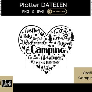 Pode incluir: Um design gráfico preto em forma de coração contendo as palavras Ausflug, Reise, Urlaub, Wochenende, Erholung, Auszeit, Camping, Grillen, Abenteuer, Freiheit, Lagerfeuer e Natur, juntamente com ícones de árvores, estrelas e corações.