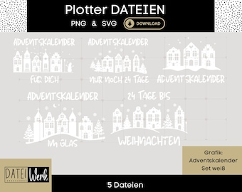 May include: A digital download graphic set featuring white illustrations of Advent calendar designs. The designs include various house and village scenes with text in German. The set includes PNG and SVG files.