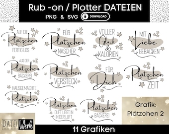 Könnte beinhalten: Ein Set mit 11 druckbaren Designs mit verschiedenen Plätzchen-Sprüchen auf Deutsch. Die Designs eignen sich perfekt zum Erstellen von individuellen Bügelbildern oder Vinyl-Aufklebern für Bastelarbeiten und Dekorationen.
