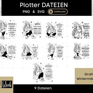 Könnte beinhalten: Eine digitale Sammlung von neun schwarz-weißen Strichzeichnungen, die ein Mädchen in Winterkleidung mit deutschem Text zeigen. Die Designs enthalten verschiedene winterliche Sprüche, Schneeflocken und Herzen als PNG- und SVG-Dateien.