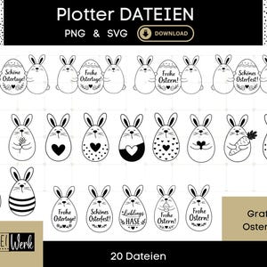 Puede incluir: Gráficos digitales de Pascua en blanco y negro con diseños de conejos y huevos. Algunos huevos tienen corazones, flores o texto como "Frohe Ostern!" y "Schöne Ostertage!" La imagen incluye el texto "Plotter DATEIEN" y "PNG & SVG".
