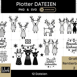 May include: Black and white graphic illustrations of reindeer with various festive designs. The image includes text that reads "Plotter Dateien" and "PNG & SVG". Additional text includes "Frohes Fest", "Besinnliche Weihnachtszeit", and "Schöne Weihnachten".