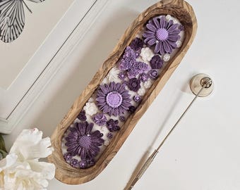 Floral Soy Wax Candle: Handmade Wood Dough Bowl Candle