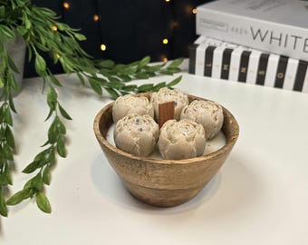 Rustic Wooden Bowl Soy Candle with Peony Flowers: Eco-Friendly Home Decor