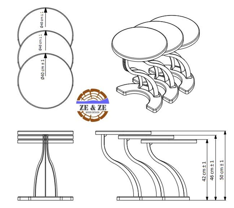 K&ouml;nnte beinhalten: Set aus drei verschachtelten Tischen mit runden Tischplatten und geschwungenen Beinen. Die Tische sind aus Holz und haben eine nat&uuml;rliche Oberfl&auml;che. Die Tische haben einen Durchmesser von 40 cm und eine H&ouml;he von 42 cm, 46 cm und 50 cm.