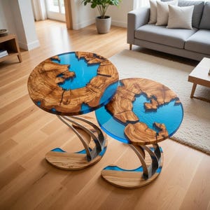 Handgefertigter Couchtisch aus Olivenholz, Edelstahlkorpus Bild 2