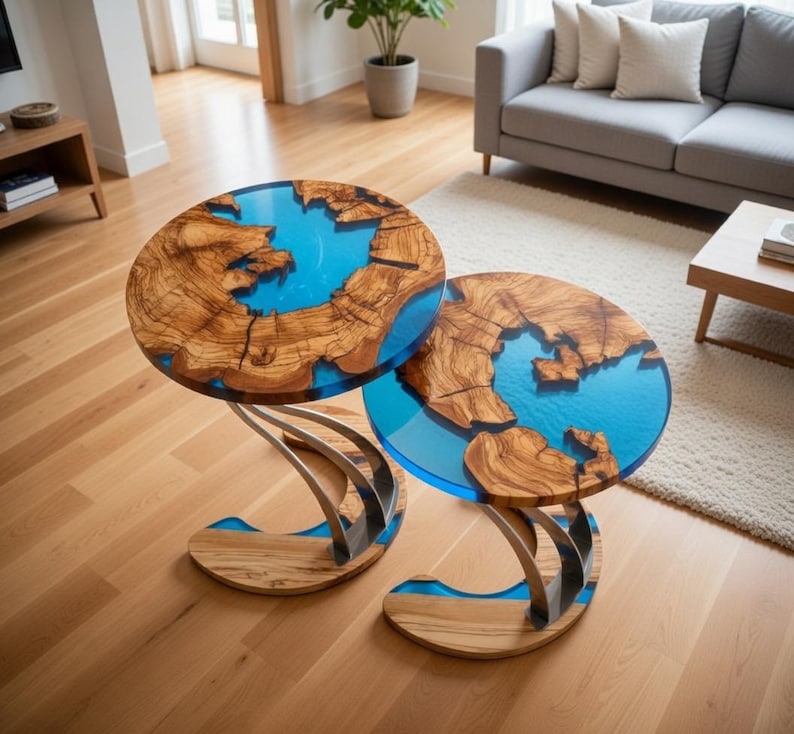 Handgefertigter Couchtisch aus Olivenholz, Edelstahlkorpus Bild 2