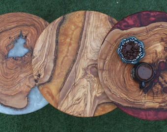 Elegant Epoxy Coffee Table Set: Handcrafted Wood & Resin, Nesting Tables, Olive Tree Round Top - Perfect Living Room Furniture!