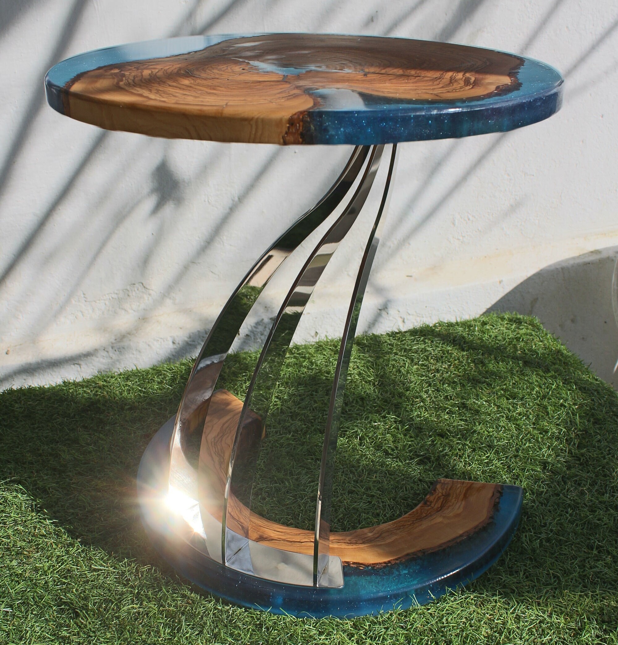 Stainless Polished Table Body, Elegant Epoxy Coffee Table Handcrafted Wood and Resin, Nesting Tables, Olive Wood Round Top Perfect Furniture
