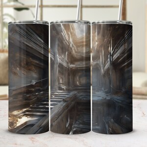 Puede incluir: Tres vasos de acero inoxidable con un diseño abstracto gris oscuro y marrón. El diseño presenta una serie de líneas y formas que crean una sensación de profundidad y perspectiva. Los vasos son perfectos para mantener las bebidas frías o calientes durante horas.