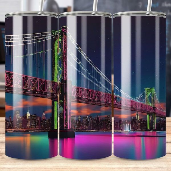 Colorful Bridge Skyline Tumbler, Gift for Commuters, Digital Download PNG, 3D Skinny Tumbler, Straight & Tapered Tumbler Wrap Design PNG