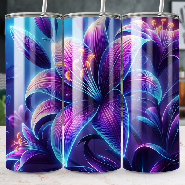 Neon Floral Tumbler, Vibrant Blue and Purple Lily Flower Design, Digital Download PNG, 20oz Tumbler Wrap, Straight & Tapered Tumbler Wrap