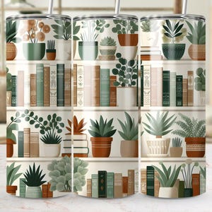 Book Lover Tumbler Wrap PNG, Plant Bookshelf Tumbler Sublimation Design, 20oz Skinny Tumbler Wrap Download, Retro Digital Art