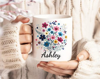 Personalized Floral Mug - Custom Name Gift, 11oz Ceramic