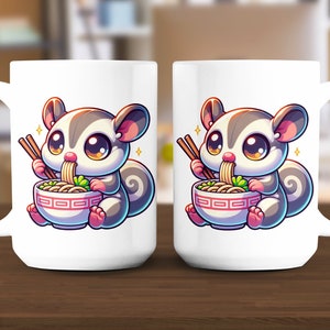 Cute Chibi Animal Eating Noodles Mug, Kawaii Cartoon Character Cup, Adorable Ramen Lover Gift, Fun Coffee Tea Mug, Unique Kitchenware