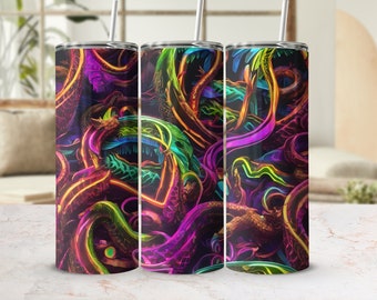 Neon Dragons Tumbler Wrap: Vibrant 3D Sublimation Design (Digital Download)