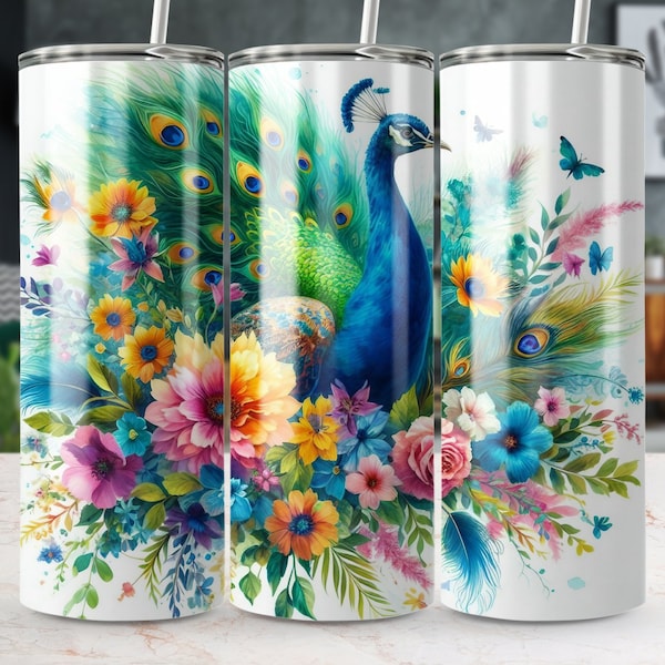 Colorful Peacock Tumbler Wrap, Vibrant Bird Design, Digital Download PNG, 20oz Tumbler Wrap, Straight & Tapered Tumbler Wrap PNG