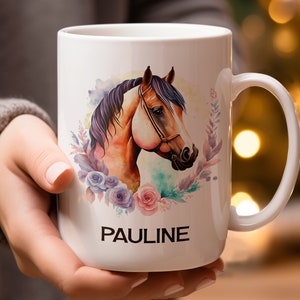 Personalized Horse Mug: Watercolor Equestrian Floral Mug, Custom Name Gift