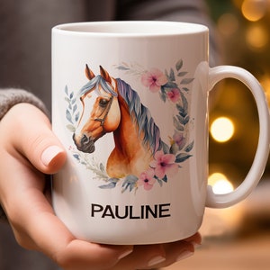 Personalized Horse Mug: Floral Watercolor Equestrian Coffee Cup