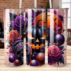Halloween Pumpkin Skull Design, Spooky Roses and Bats Artwork, 20oz Tumbler Wrap, PNG Digital Download, Fall Tumblers Decoration