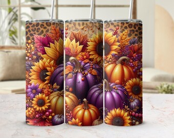 Fall Pumpkin Sunflower Tumbler Wrap, Leopard Print (Digital Download)