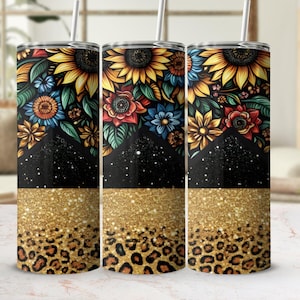 Sunflower Leopard Print Tumbler Wrap: Glitter Floral PNG (Digital Download)