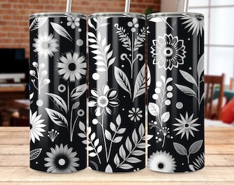 Floral Tumbler Wrap: Black and White Flower Sublimation (PNG Download)