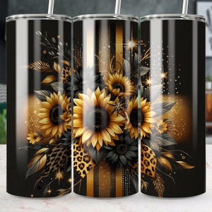 Sunflower Tumbler Wrap PNG: Leopard Floral Glitter Design (Digital Download)