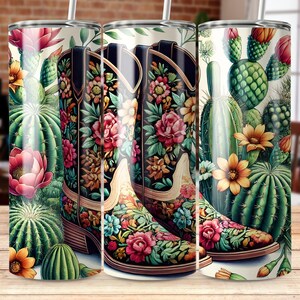 Capa para copo com botas de cowboy florais: design de cacto ocidental (download digital)