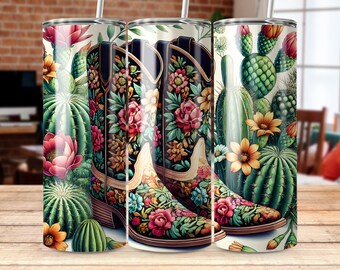 Floral Cowboy Boots Tumbler Wrap: Western Cactus Design (Digital Download)