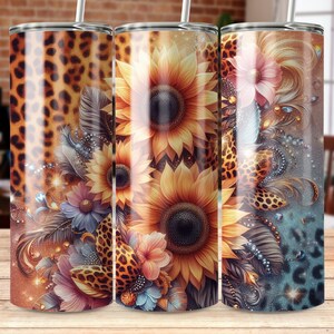 Sunflower Leopard 20oz Tumbler Wrap: Glitter Floral Design (Digital Download PNG)