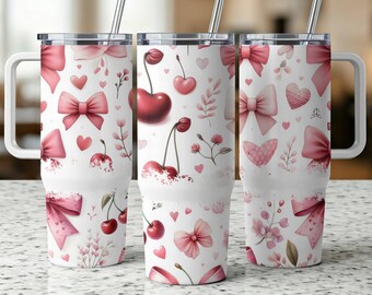 Tumbler Wrap Pink Bows Cherry Hearts: design femminile da 40 once (download digitale)