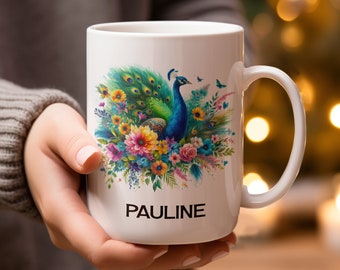 Peacock Floral Mug: Personalized Bird and Flower Gift
