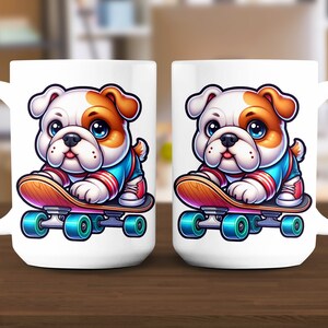 Cute Skateboarding Bulldog Mug, Colorful Cartoon Dog on Skateboard, Fun Dog Lover Coffee Cup, Unique Gift for Skaters