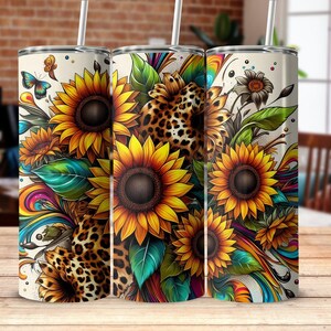 Sunflower Leopard Print 20oz Tumbler Wrap: Rainbow Floral Design (Digital Download)