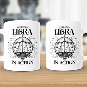 Libra Zodiac Sign Coffee Mug, Astrology Lover Gift, Black and White Horoscope Cup, Unique Libra In Action Design Mug, Astrological Gift