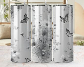Envoltura para vaso con diseño de mariposas y flores: Diseño en blanco y negro (Descarga digital)
