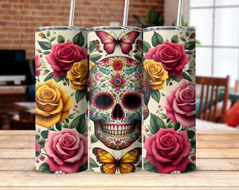 Skull Floral Tumbler Wrap, Colorful Sugar Skull Design (Digital Download)
