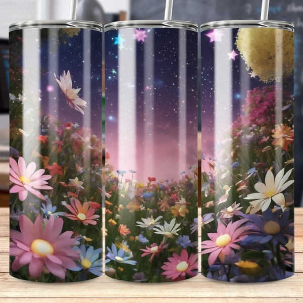 Garden Starry Night Sky Tumbler Wrap, Floral Fantasy, Digital Download PNG, 3D Skinny Tumbler, Straight & Tapered Tumbler Wrap Design PNG