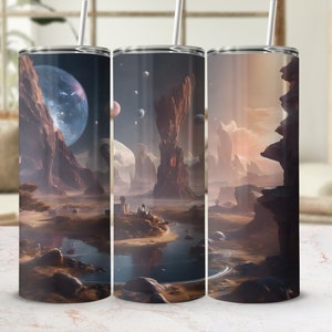 Space Landscape Tumbler Wrap, Space Art, Planetary Scenic Travel, 20oz Sublimation Tumbler Design, 3D Tumbler Wrap, Instant Download PNG