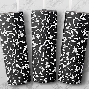 May include: Three black and white stainless steel tumblers with a black and white abstract pattern. The tumblers are lined up in a row.