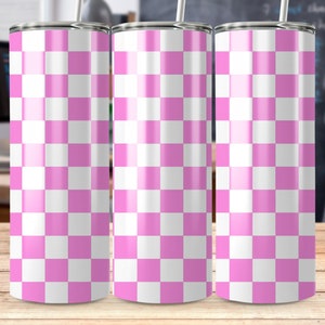 May include: Three stainless steel tumblers with a pink and white checkered pattern.