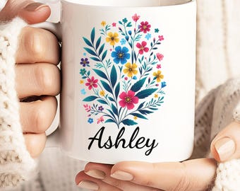 Personalized Floral Name Mug: Custom Tea Coffee Cup Gift