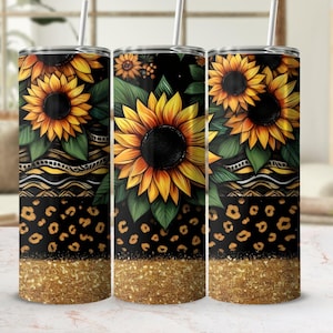 Sunflower Leopard Glitter Tumbler Wrap 20oz Sublimation Design Instant Digital Download PNG